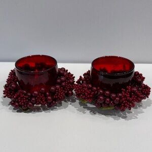 Pottery Barn Red Glass Votive Cup Candle Holders with round pepper berry wreaths